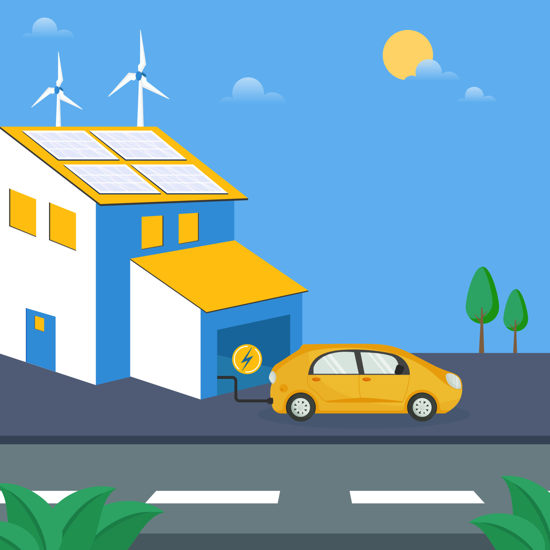 Electric Car Charging At Home With Solar Panel, Windmill And Sun On