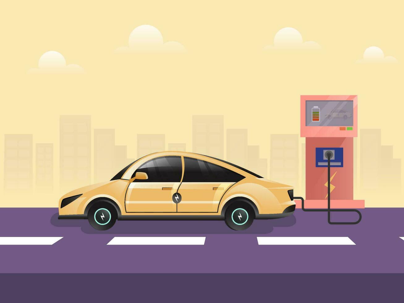 3D Rendering Electric Car Charging At Station On Purple And Yellow Background For Renewable Energy Concept. vector