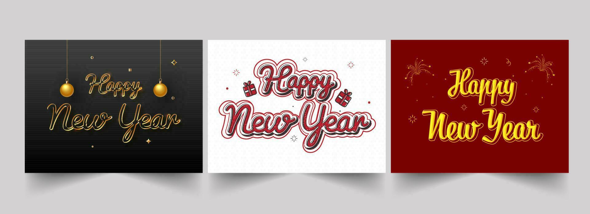 Social Media Posts Or Template Design With Happy New Year Font In Three Color Options. vector