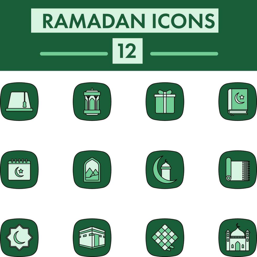 Flat Style Set of Ramadan Icon In Green Color. vector