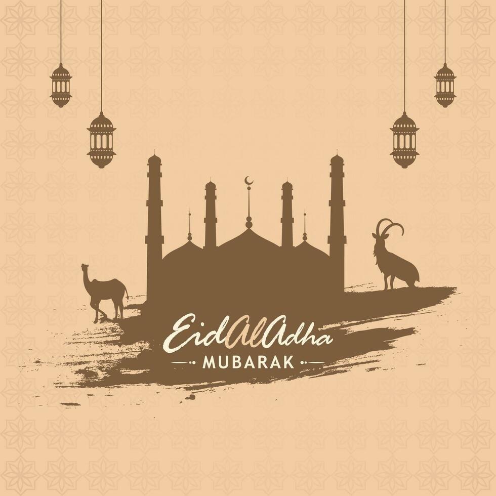 Brown Silhouette Mosque With Brush Effect Goat, Camel And Lanterns Hang On Pastel Peach Islamic Pattern Background. vector