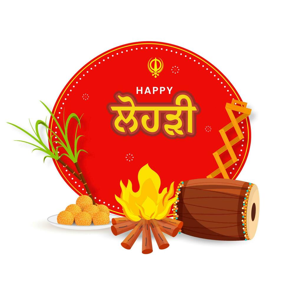 Happy Lohri Font With Bonfire, Indian Sweet, Sugarcane, Music Instrument On Red And White Background. vector