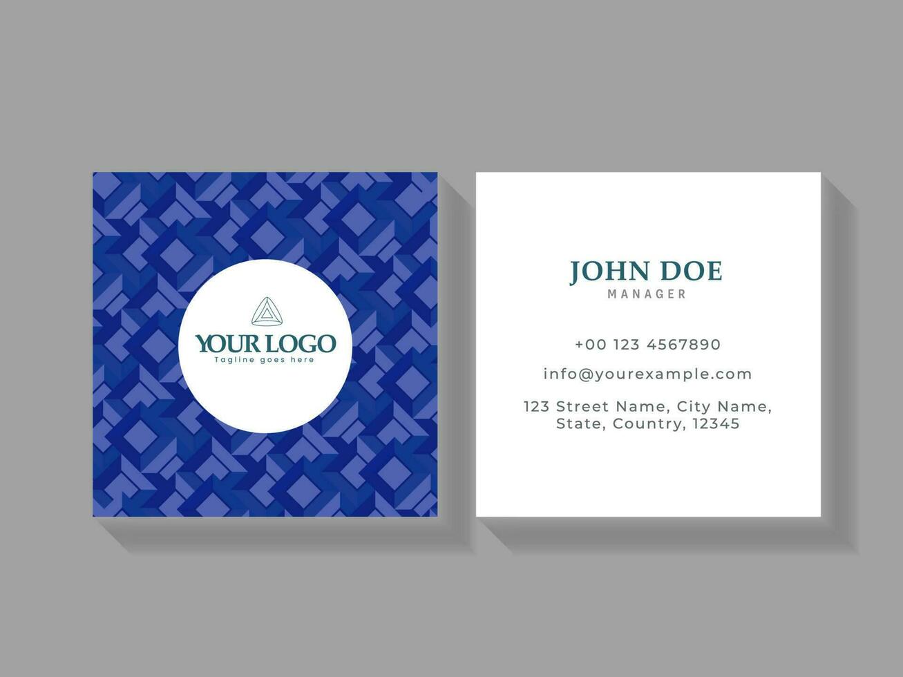 Square Business Card Design With Geometric Pattern In Blue And White Color. vector