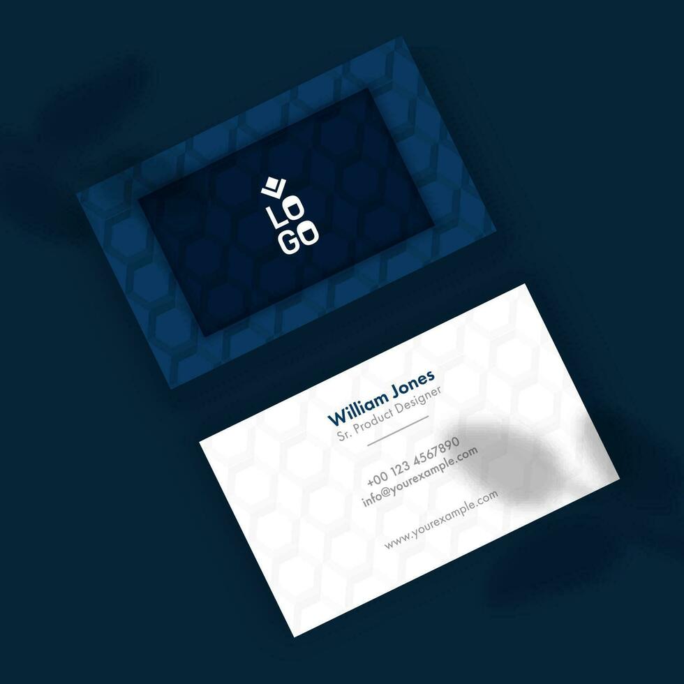 Editable Business Card Template With Hexagon Pattern In Blue And White Color. vector