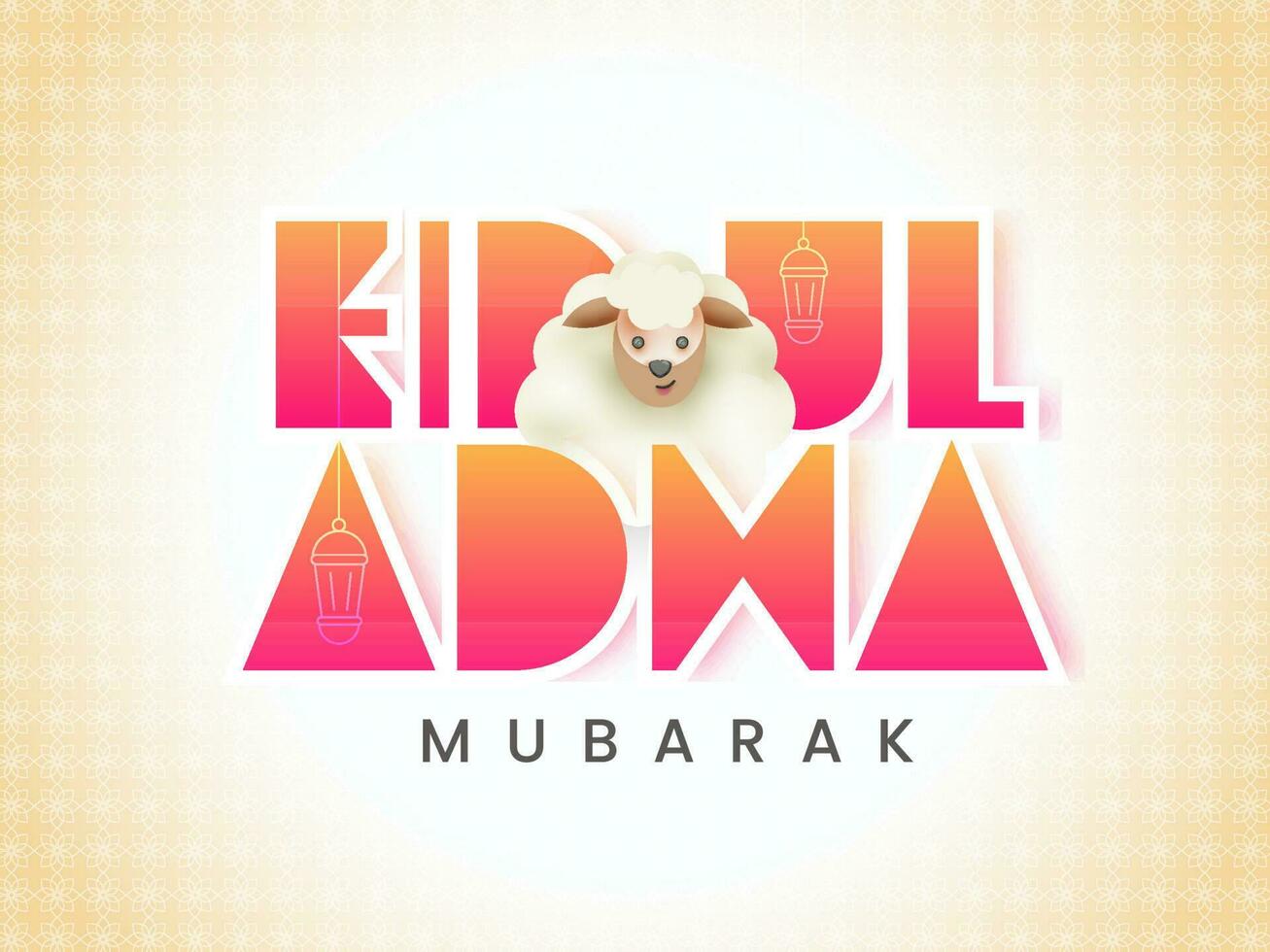 Eid Ul Adha Mubarak Font With Cartoon Sheep On Glossy Islamic Pattern Background. vector