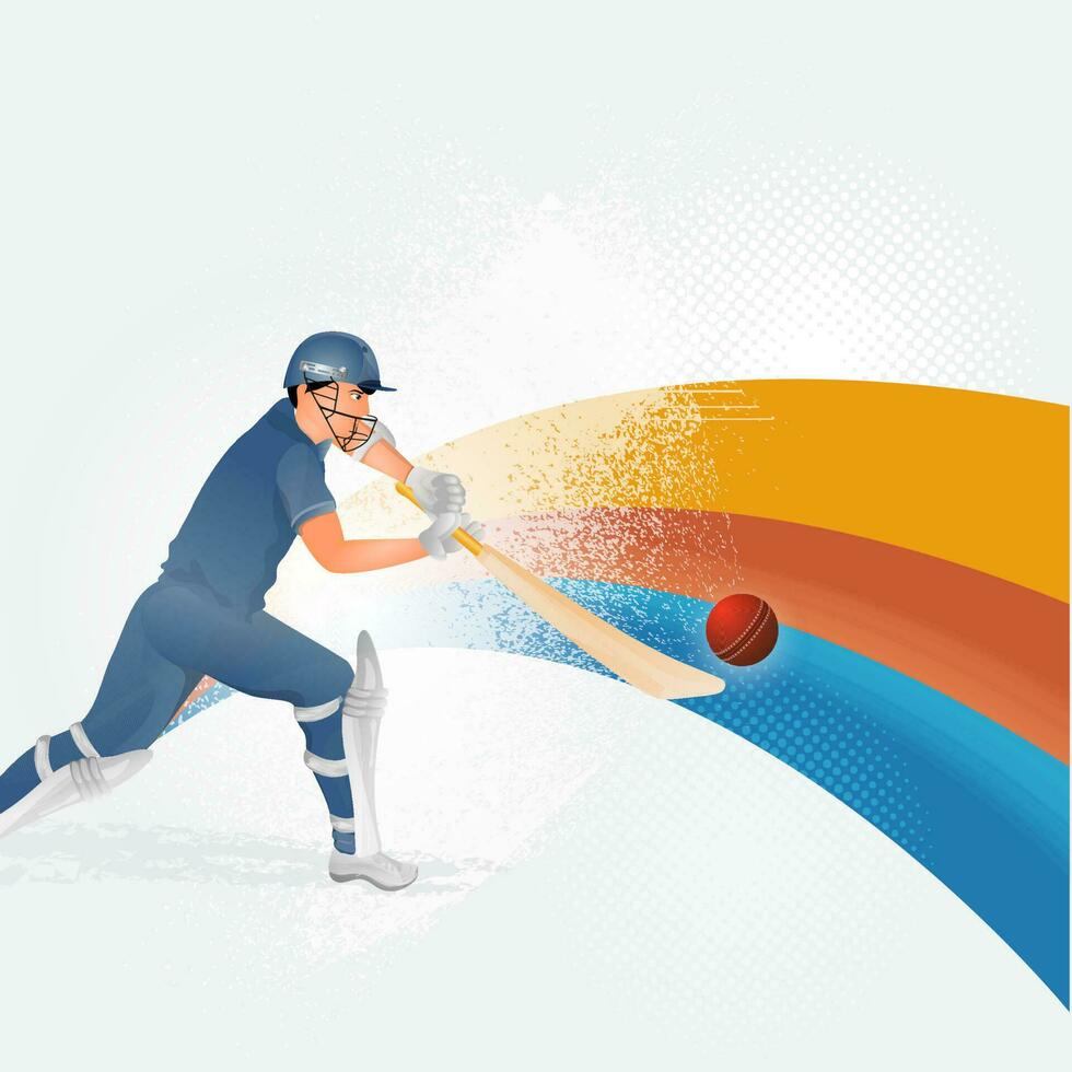 Illustration Of Batsman Player Hitting Ball And Colorful Waves On White Halftone Background. vector