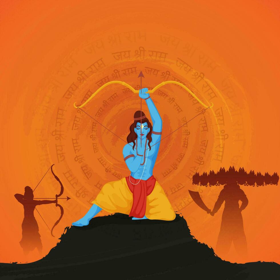 Hindu Mythology Lord Rama Fighting Between Ravana On Orange Jay Shri Rama Hindi Text Pattern Background. vector