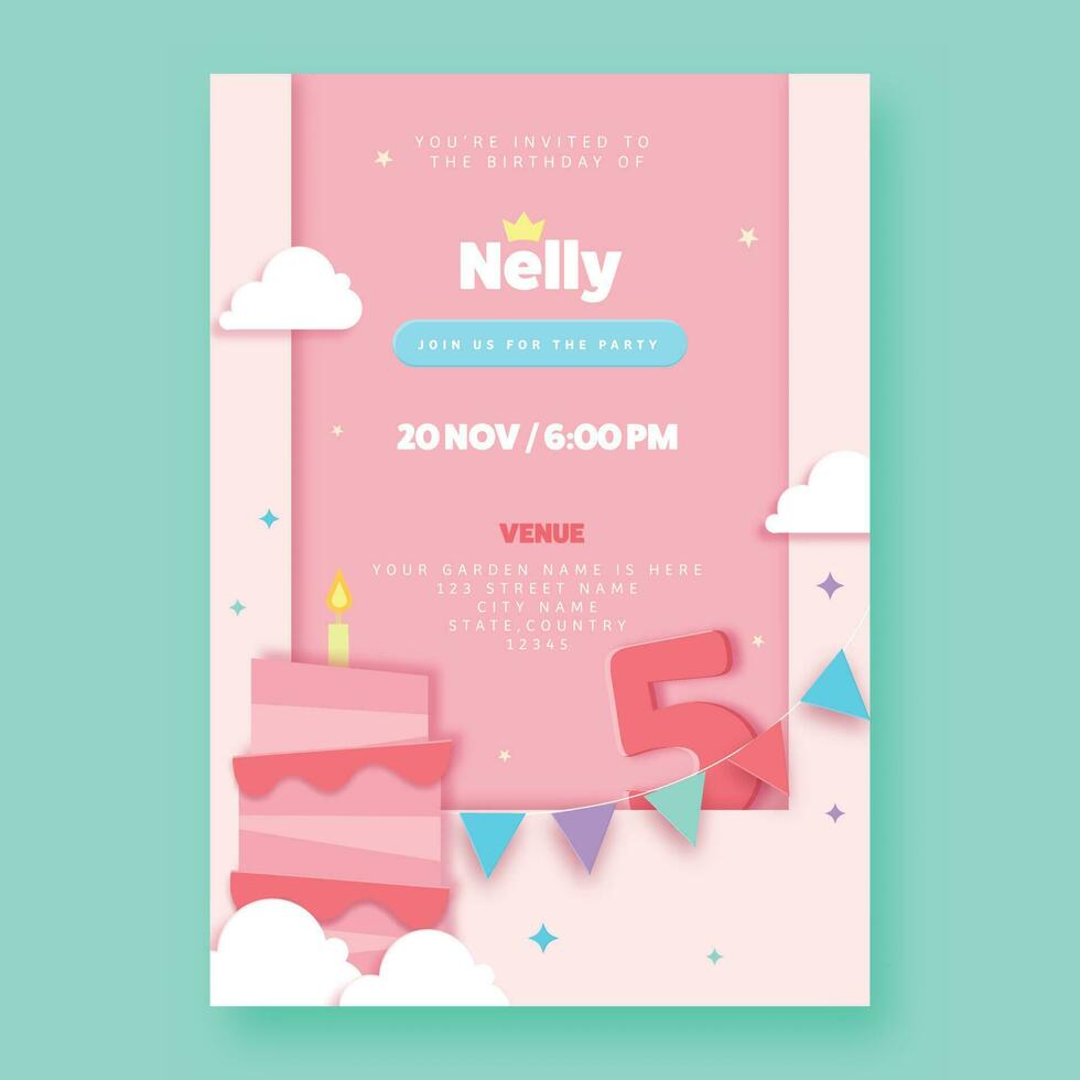 Birthday Card Template Design With Delicious Cake And Venus Details On Pink Background. vector