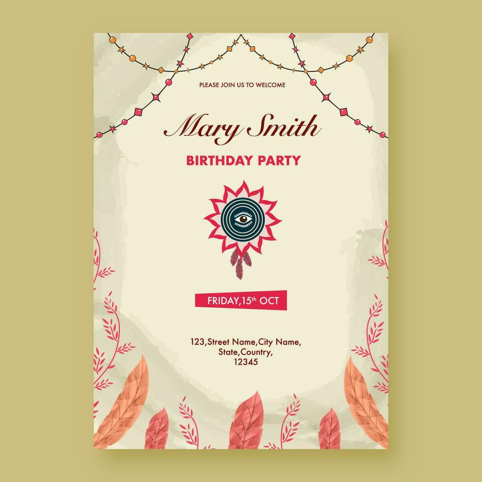 Birthday Party Invitation Template Layout With Event Details In Boho Style. vector