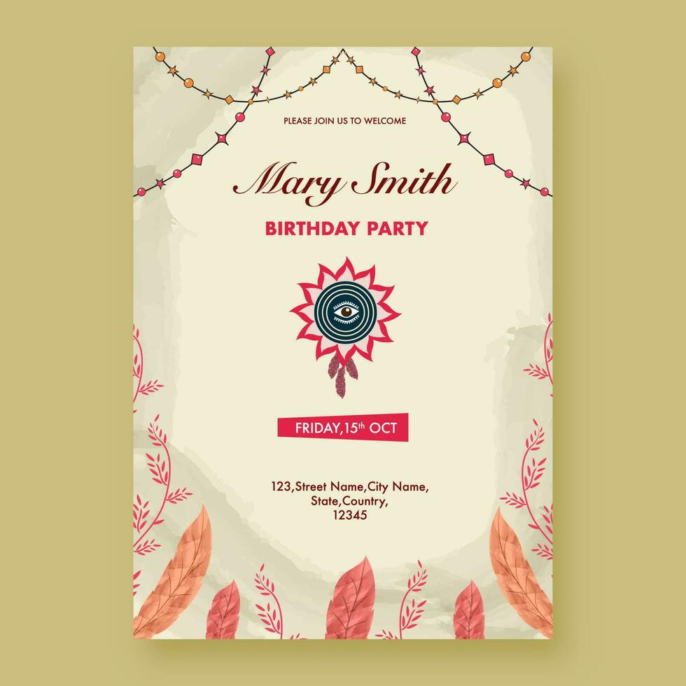 cumpleaños fiesta invitación modelo diseño con evento detalles en boho estilo. vector