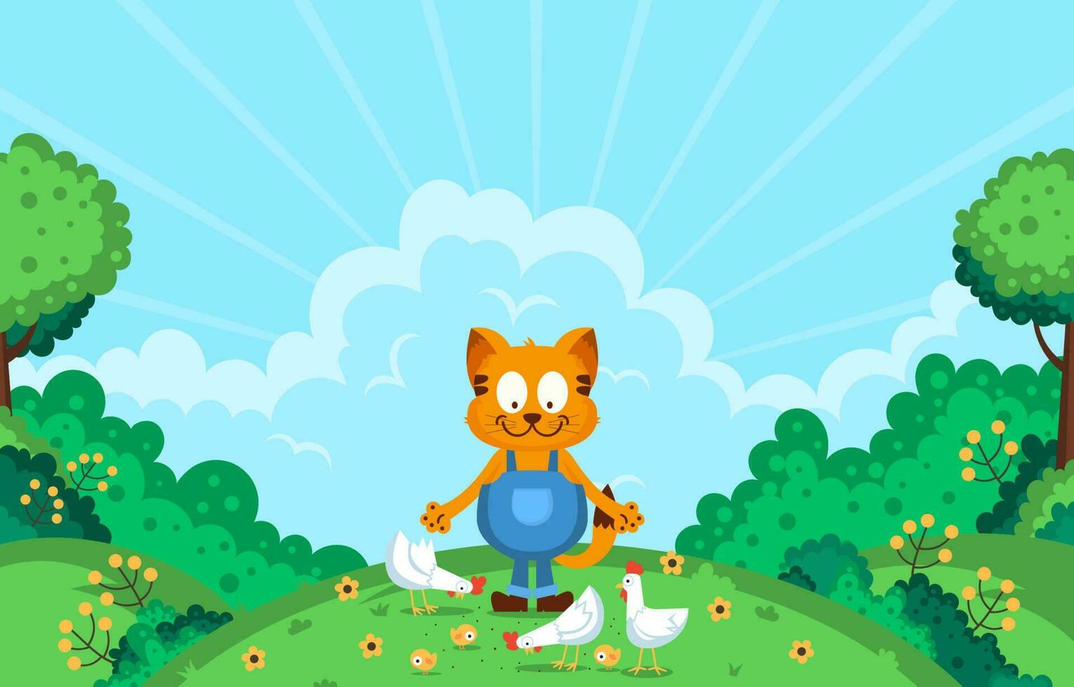 Background of an Orange Cat Feeding the Chickens vector