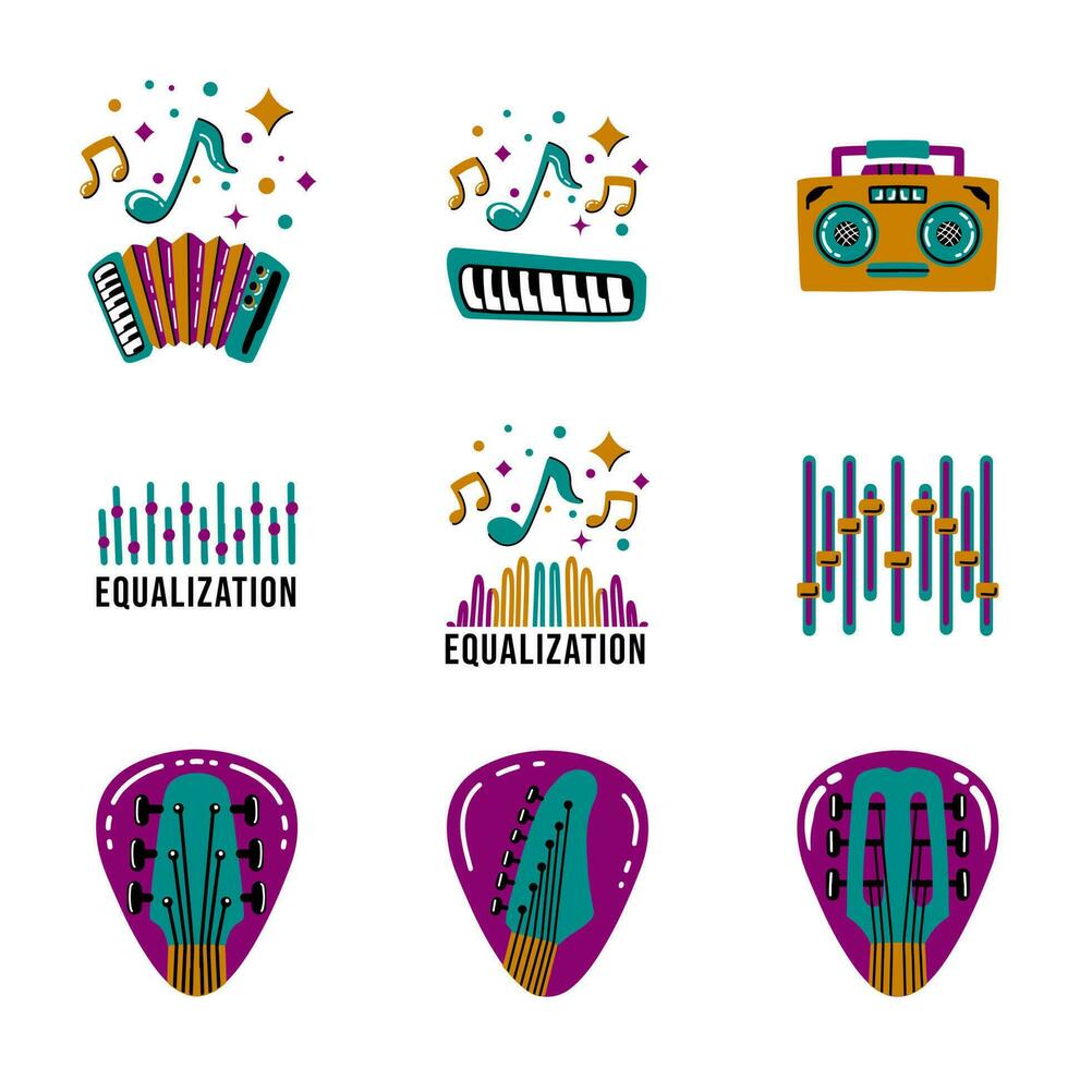 música instrumentos colección conjunto pegatina icono vector
