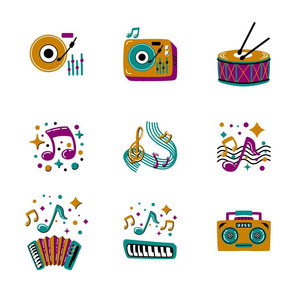 música instrumentos colección conjunto pegatina icono vector