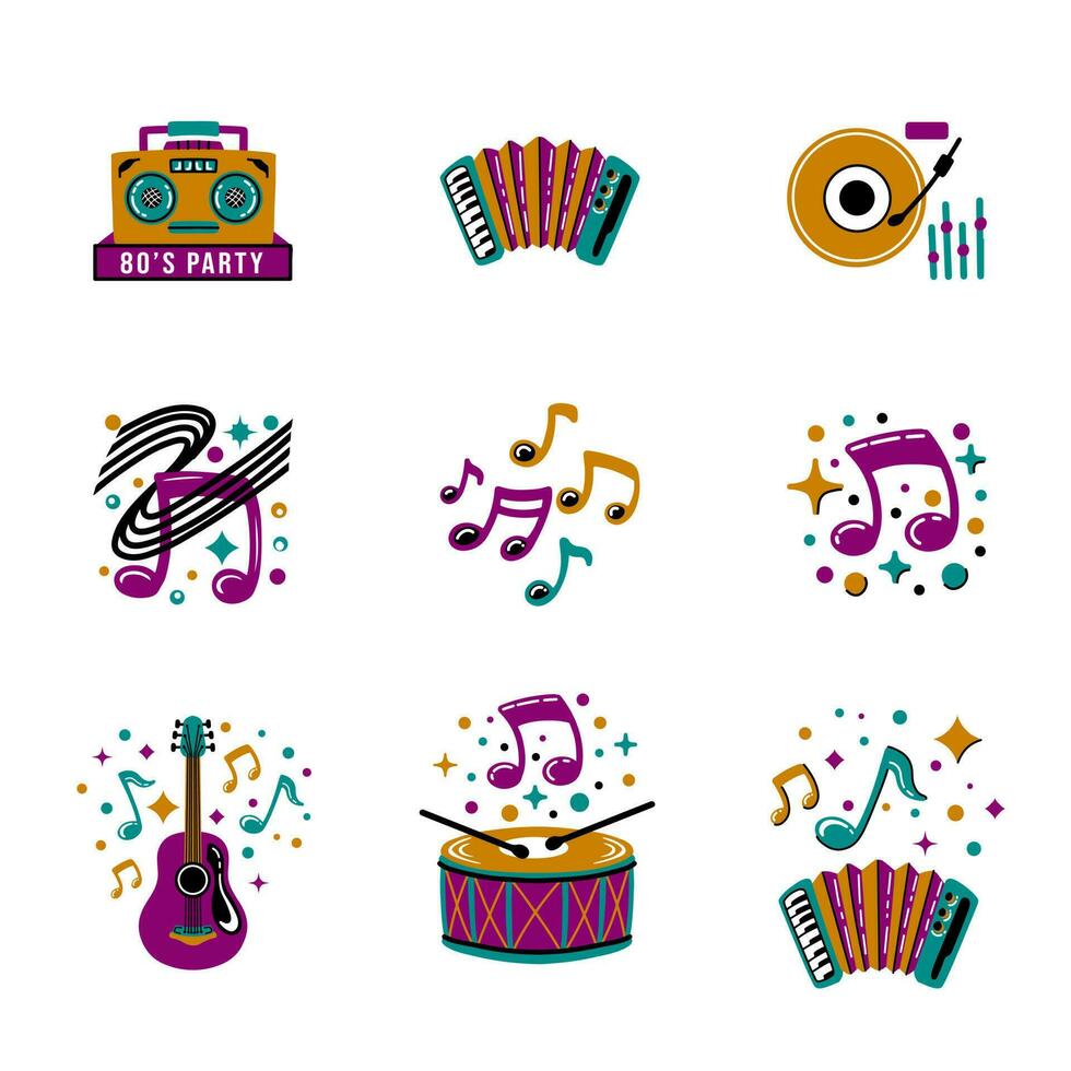 música instrumentos colección conjunto pegatina icono vector