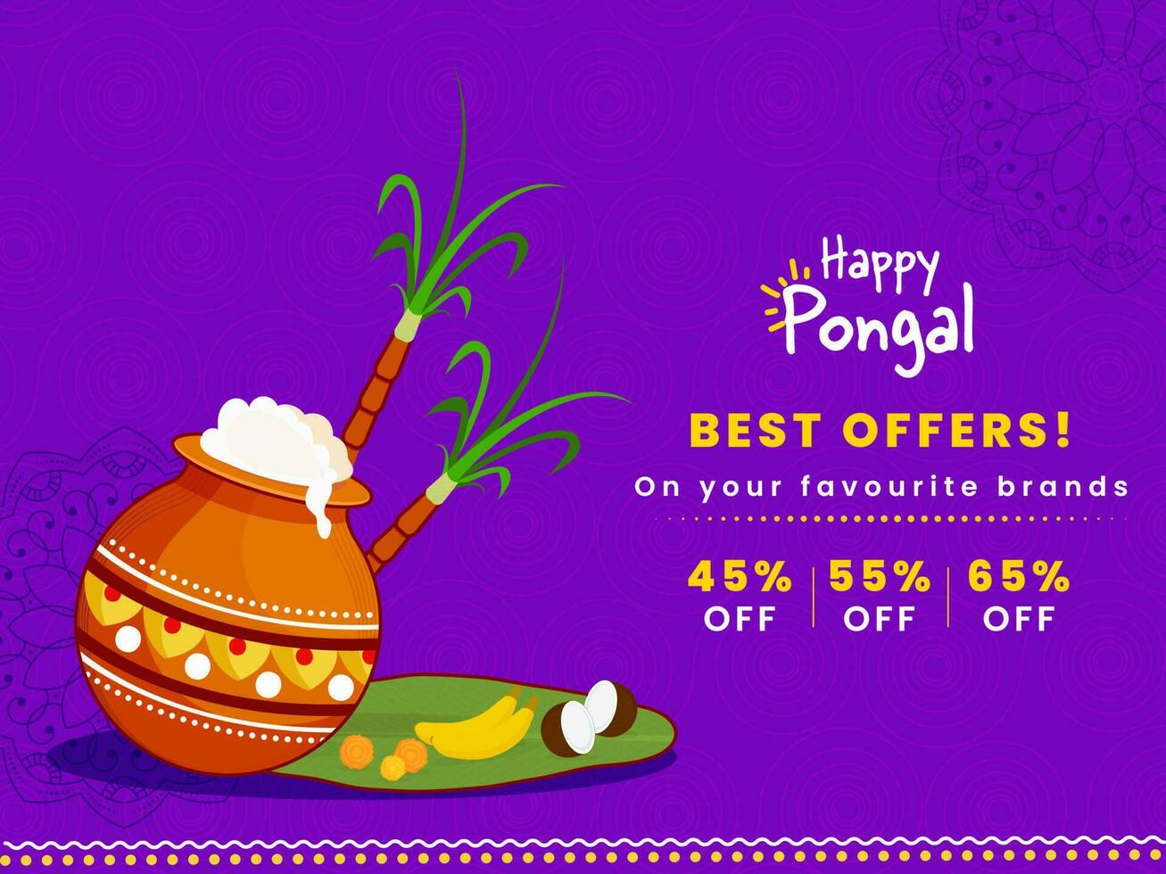 Happy Pongal Sale Poster Design With Traditional Dish In Mud Pot, Sugarcane And Fruit Over Banana Leaf On Purple Swirl Pattern Background. vector