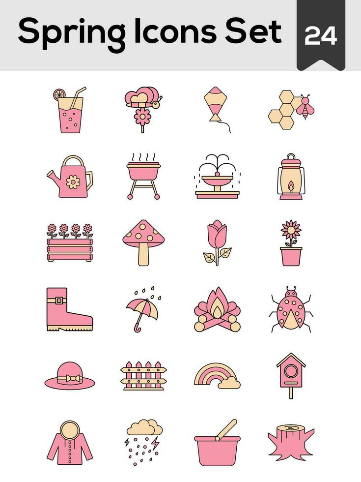 Flat Style Spring Icon Set In Pink And Peach Yellow Color. vector