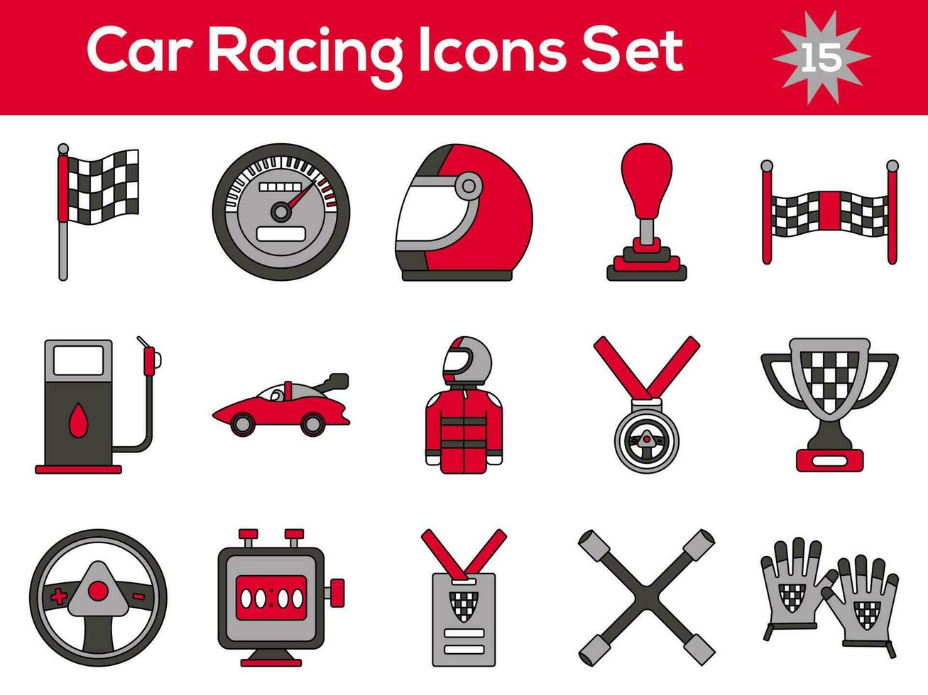 Car Racing Icons Set In Red, Gray And White Color. vector