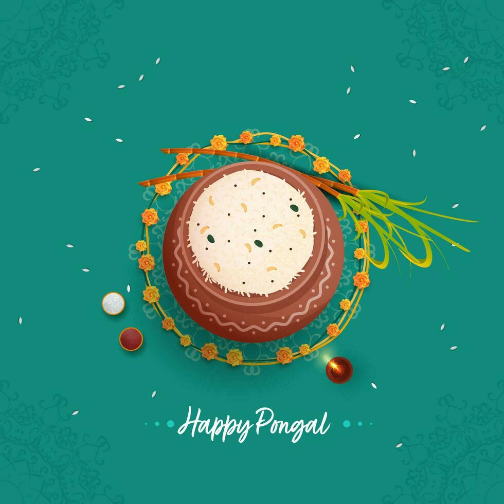 Happy Pongal Celebration Background With Top View Of Traditional Dish In Mud Pot, Sugarcane, Lit Oil Lamp. vector