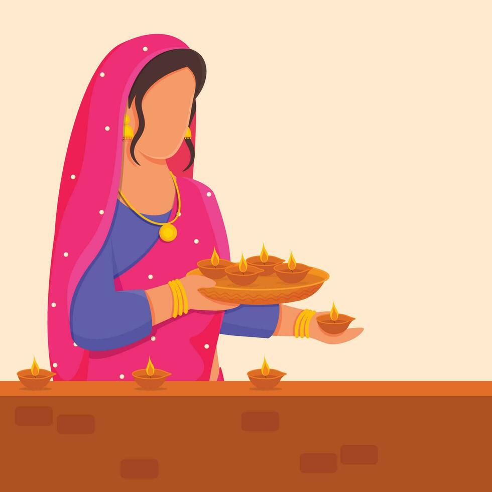 Faceless Indian Woman Decorated Balcony Or Wall From Lit Oil Lamps On The Occasion Of Diwali Festival. vector