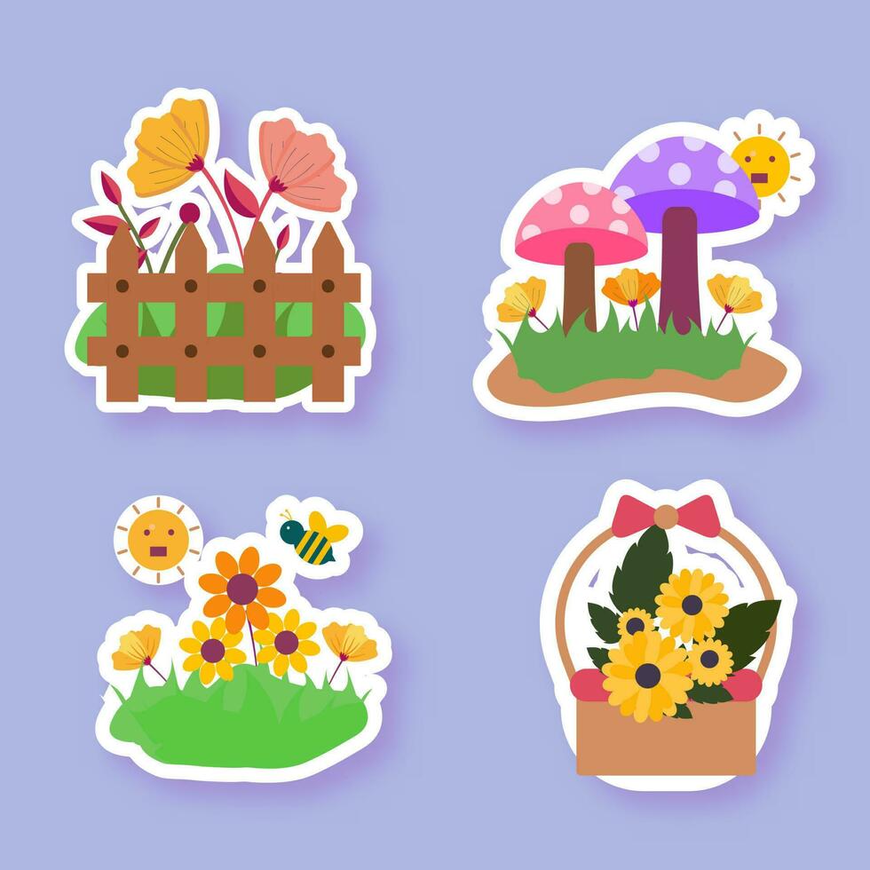 Sticker Style Floral Gardening OR Spring Set On Blue Background. vector
