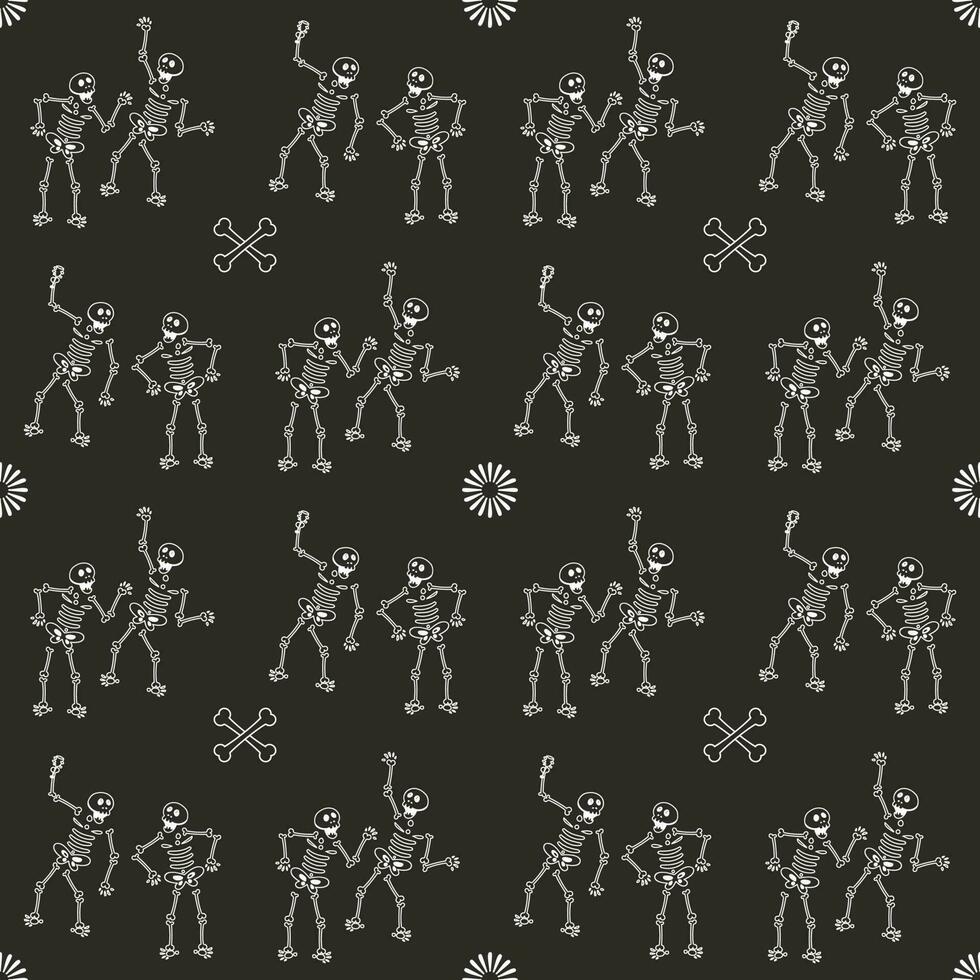 Seamless Skeleton Dancing Pattern Background In Black And White Color. vector