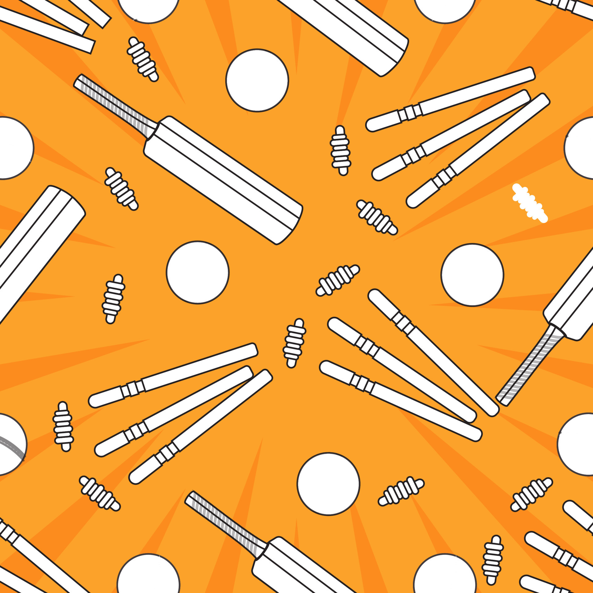 White Cricket Equipments Pattern On Orange Rays Background. 23417887