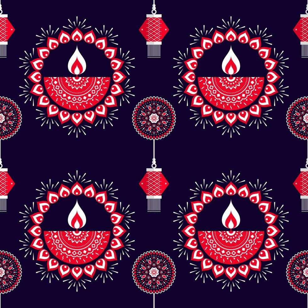 Innovative Oil Lamps With Mandala Pattern And Lanterns Hang On Blue Background. vector