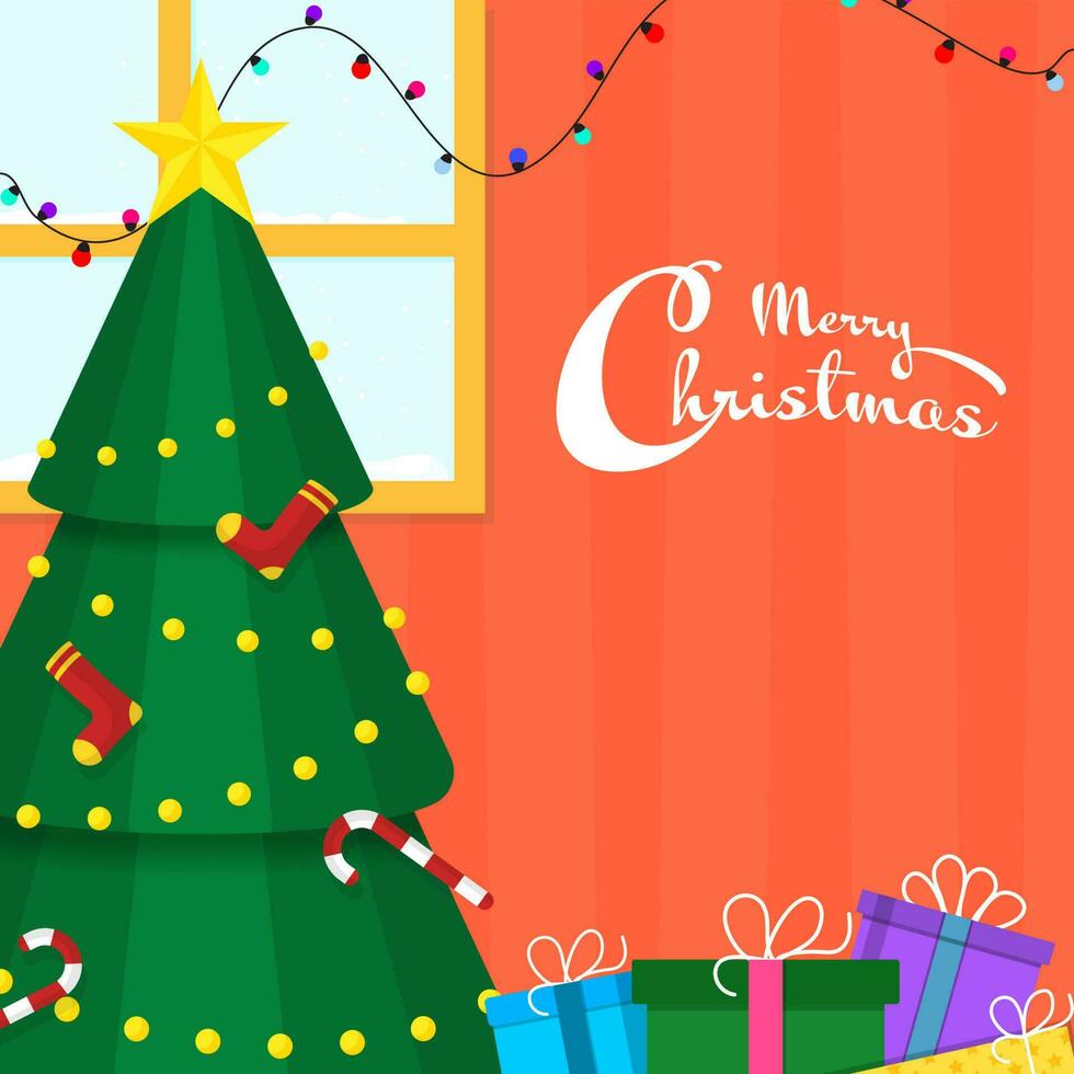 Merry Christmas Celebration Background With Decorative Xmas Tree And Gift Boxes Illustration. vector