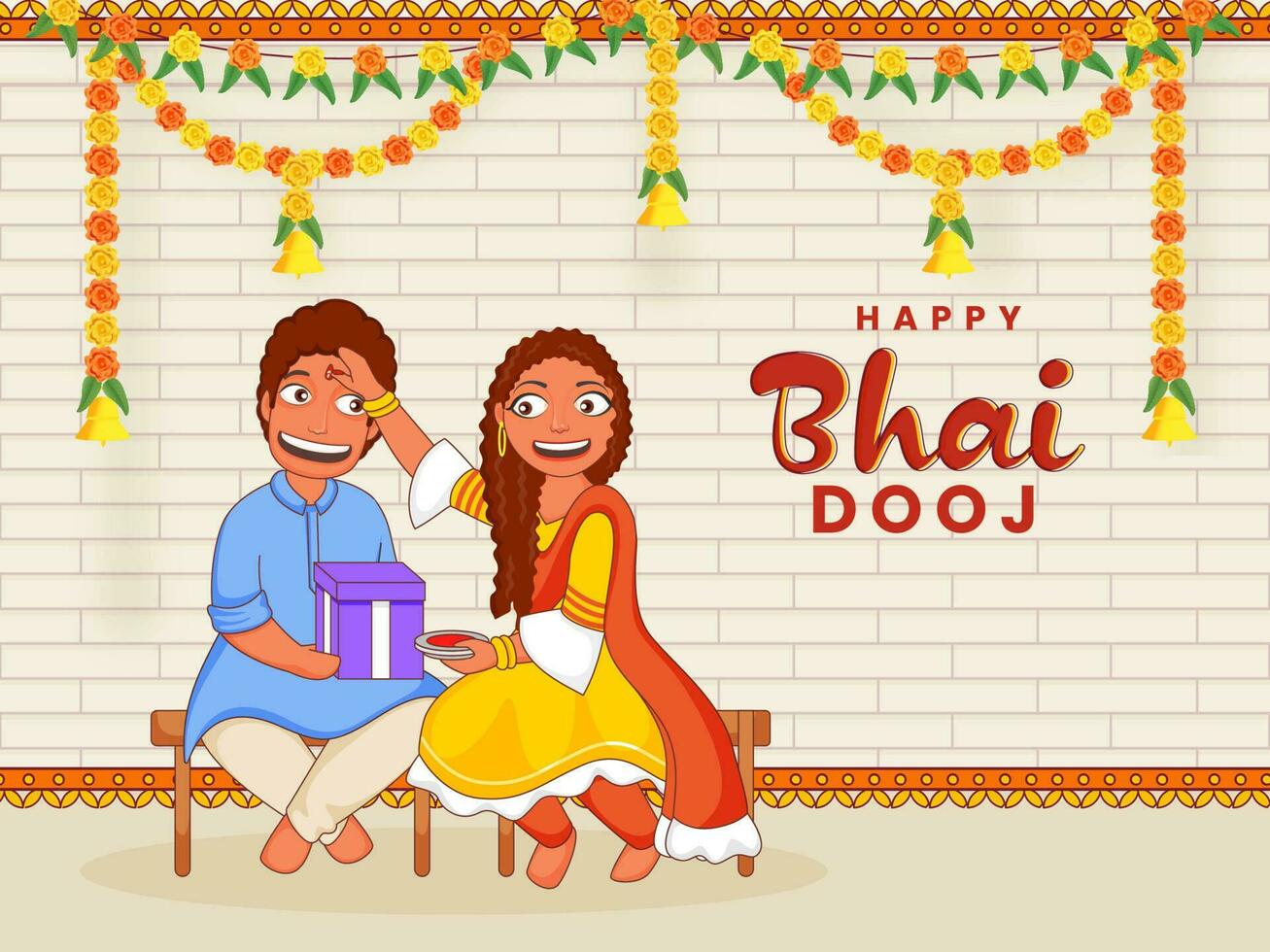 Cheerful Sister Applying Tilak Or Mark To Forehead Of Her Brother During Bhai Dooj Festival. vector