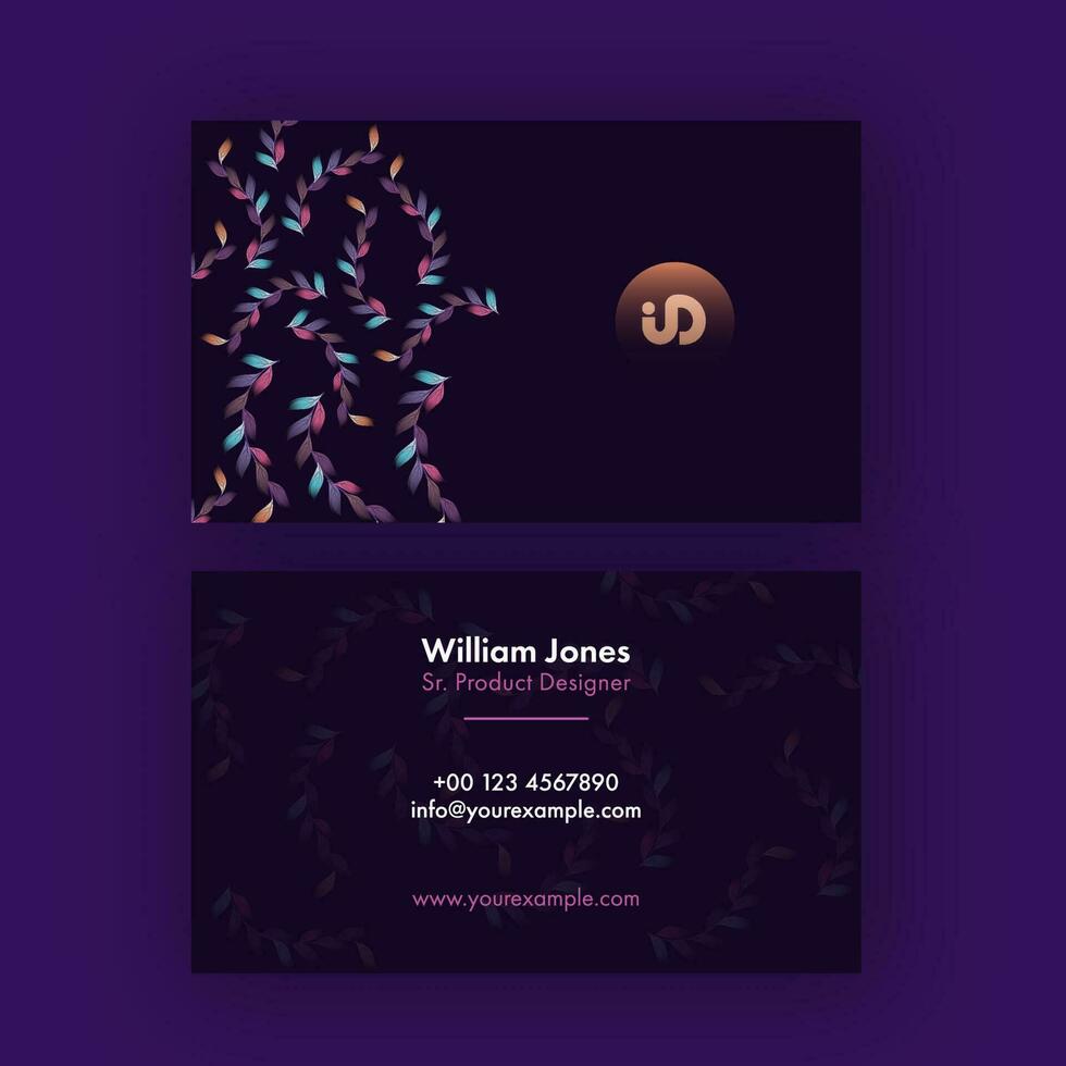 Front And Back View Of Business Card Design With Gradient Leaves On Purple Background. vector