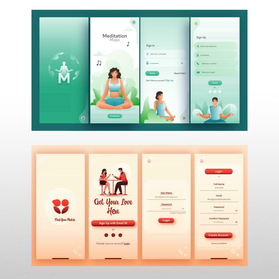 Set Of UI, UX, GUI Screens Perfect Match Or Dating And Meditation Music App Including Create Account. vector