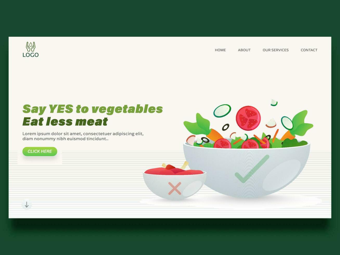 Say Yes To Vegetables Eat Less Meat Based Landing Page Design In White Color. vector