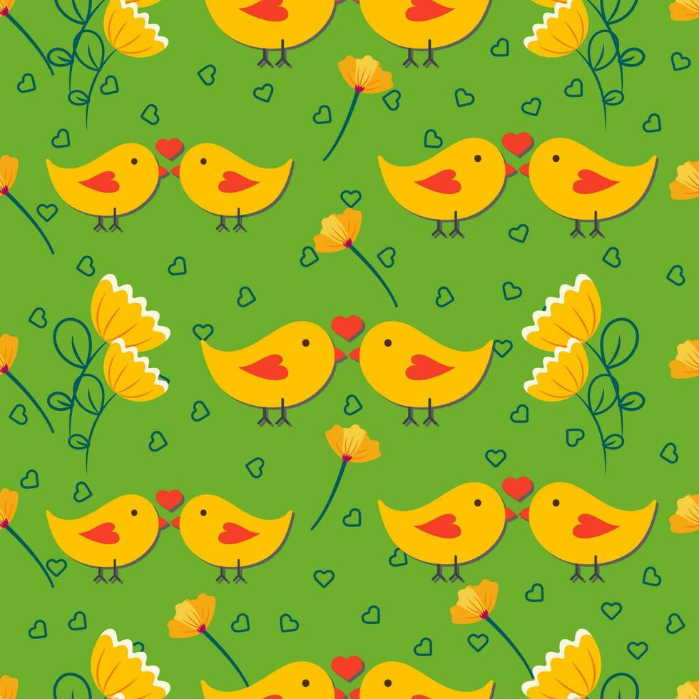 Cartoon Kissing Birds With Flower And Line Art Heart Decorated On Green Background. vector