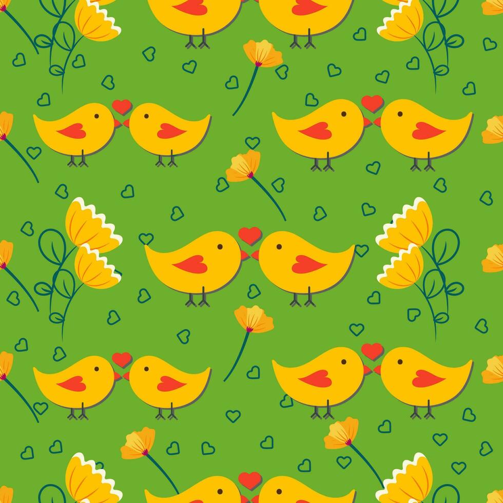 Cartoon Kissing Birds With Flower And Line Art Heart Decorated On Green Background. vector