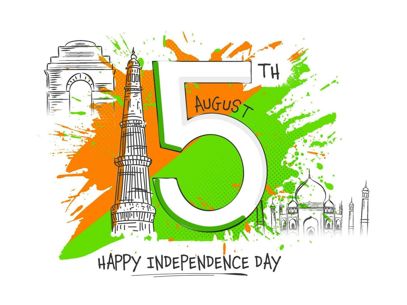 15th August Text With Sketching Indian Famous Monument, Saffron And Green Brush Effect On White Background. vector