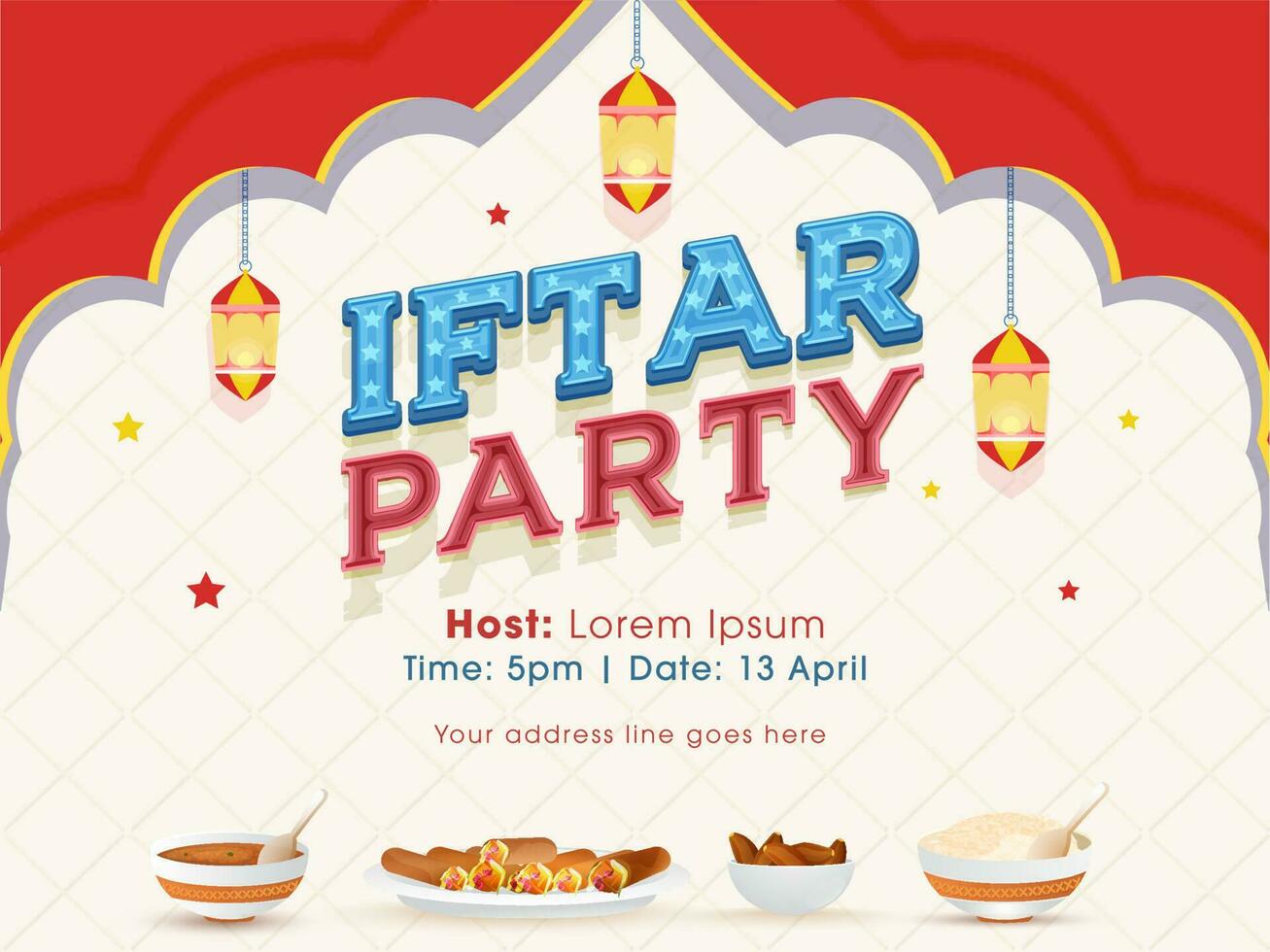 Iftar Party Invitation Or Poster Design With Delicious Foods, Hanging Lanterns On Red And White Background. vector