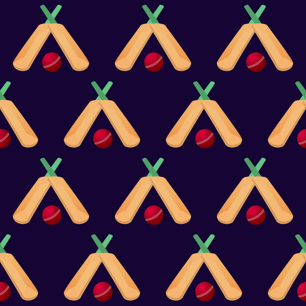 Seamless Cricket Bats With Ball Pattern On Purple Background. vector