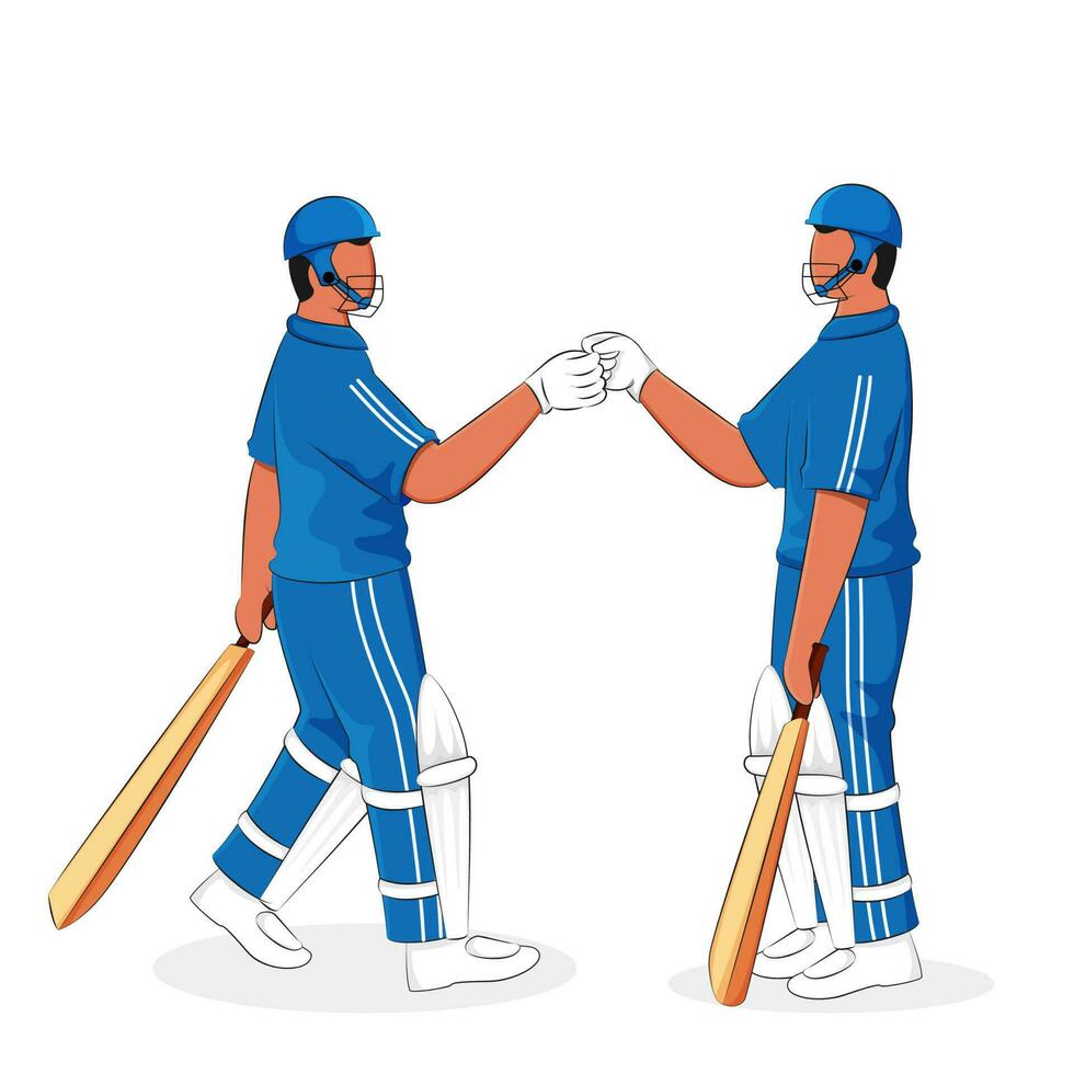 Cricket Batsmen Fist Bumping Each Other On White Background. vector