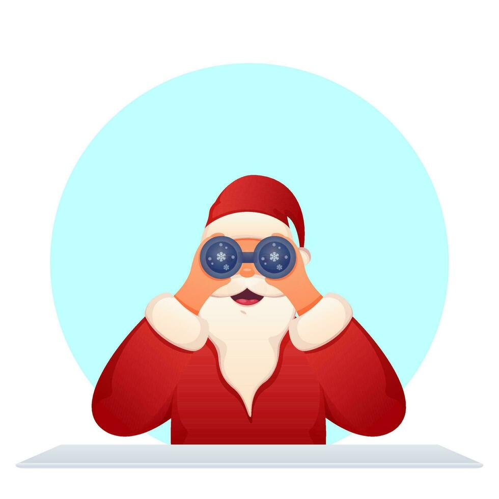 Papa Noel claus mirando mediante binocular en azul y blanco antecedentes. vector