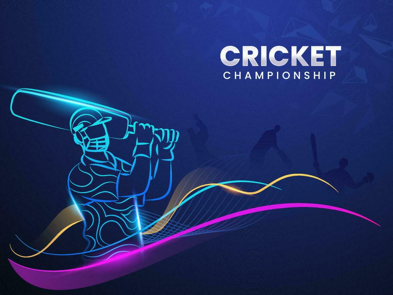 Cricket Championship Concept With Linear Style Batsman Player, Light Effect And Abstract Waves On Blue Triangle Element Background. vector