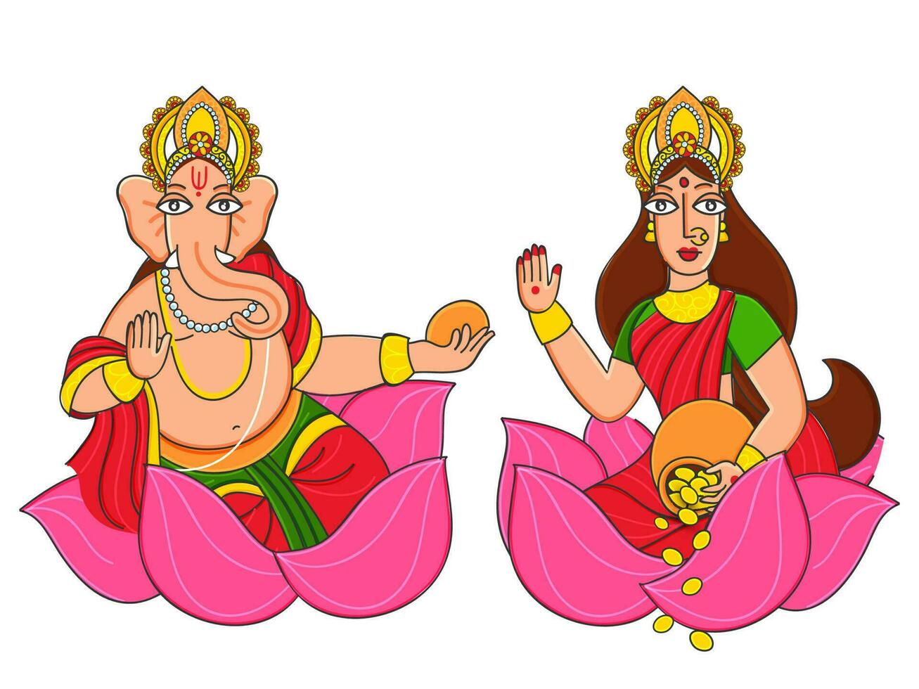 estatua de señor ganesha y diosa lakshmi sentado en loto flor. vector