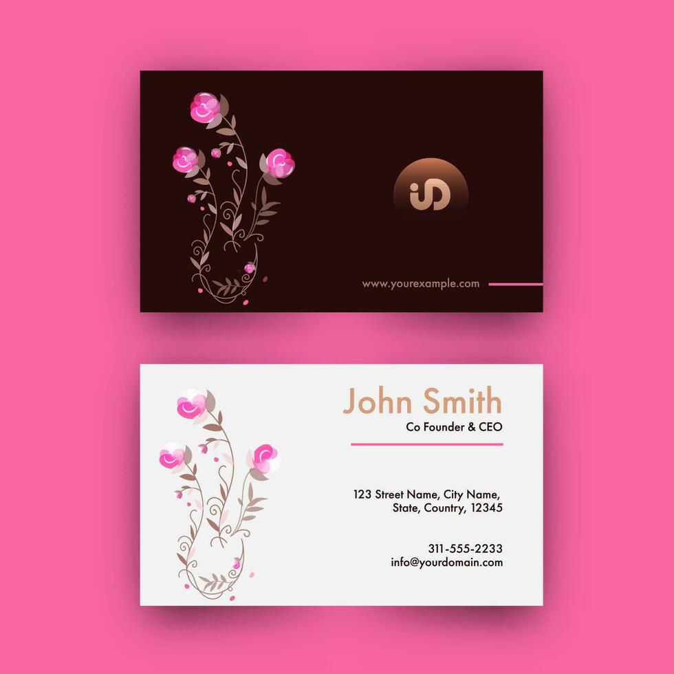 Double-Sides Of Business Card Design With Floral In Brown And White Color. vector