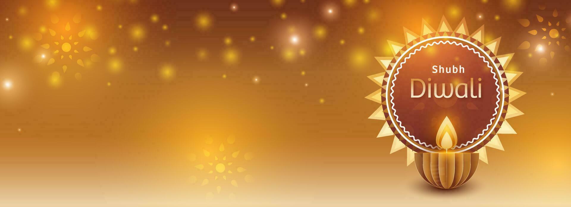 Happy Diwali Celebration Concept With Paper Cut Lit Oil Lamp On Golden Light Effect Background. vector