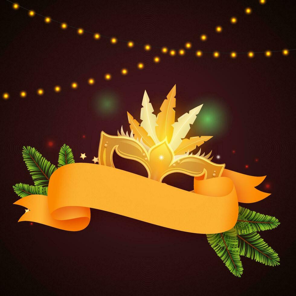 Golden Party Mask With Spruce Leaves, Ribbon And Lighting Garland Decorated On Brown Background. vector