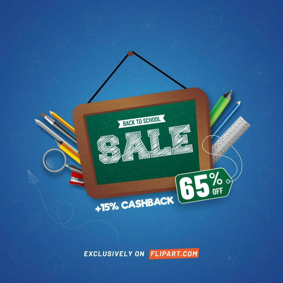 Back To School Sale Poster Design With Discount Offer And Educational Elements On Blue Background. vector