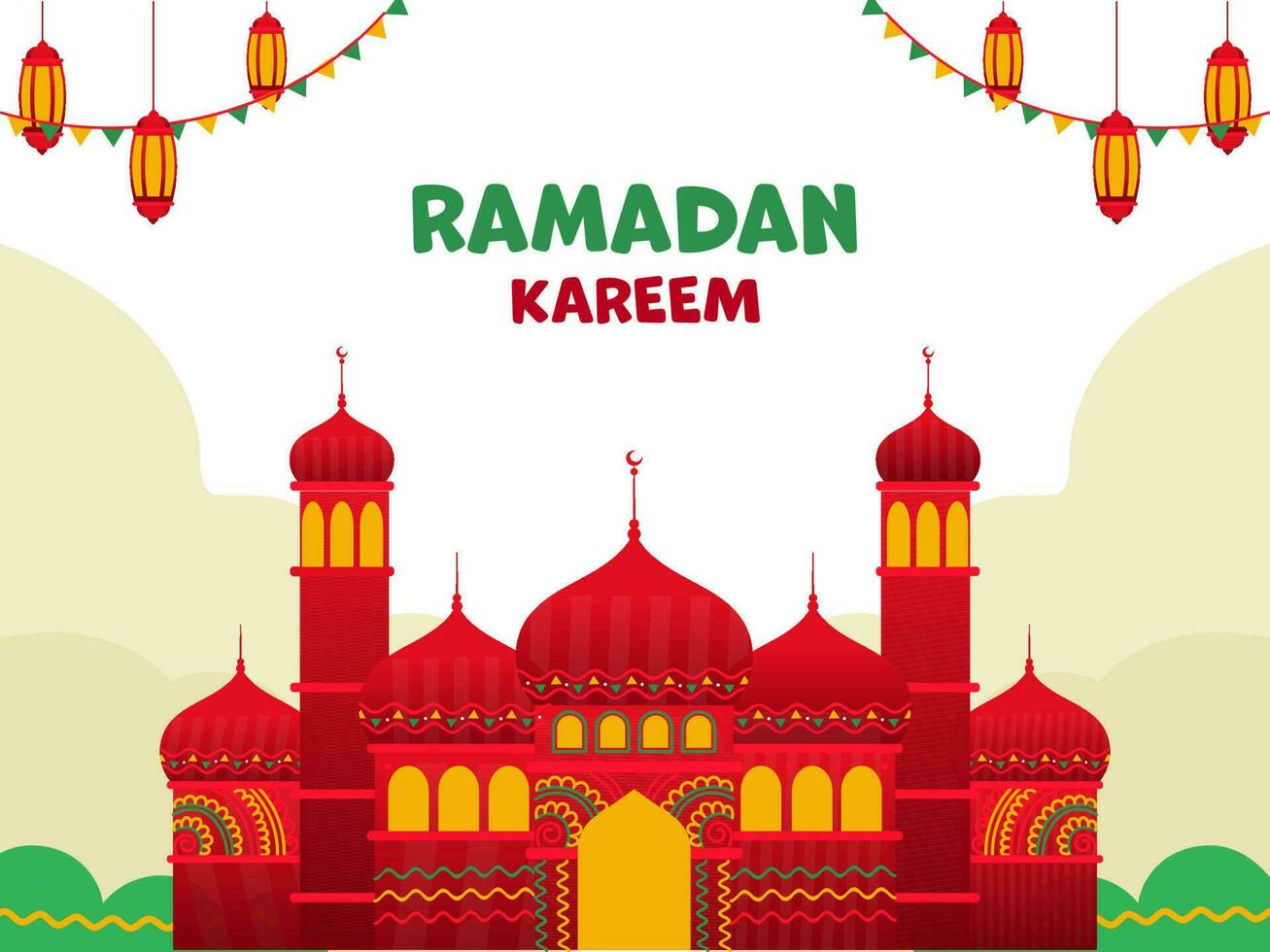 Red And Yellow Mosque Illustration With Hanging Lanterns, Bunting Flags On White Background For Ramadan Kareem Concept. vector