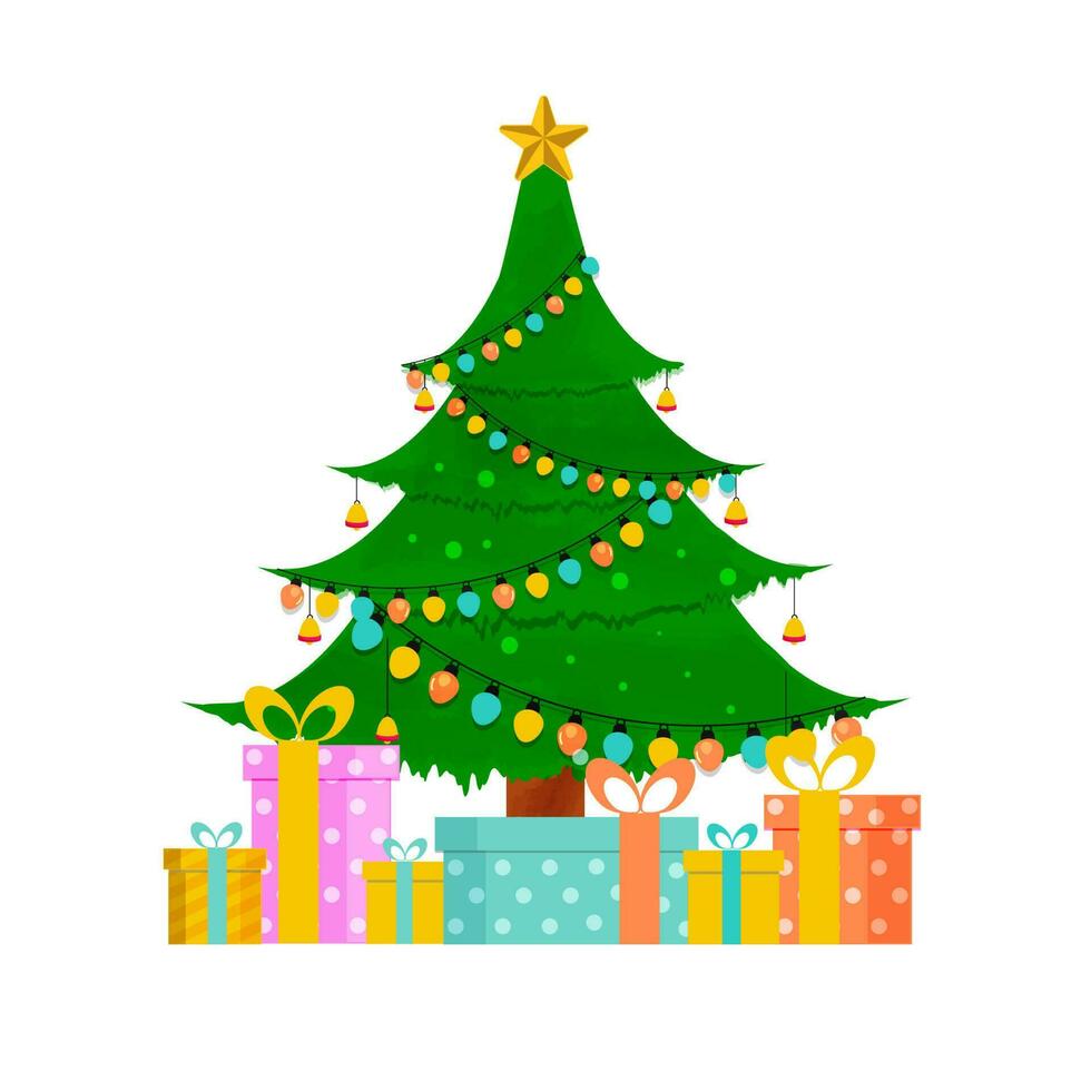 Decorative Christmas Tree With Colorful Gift Boxes On White Background. vector