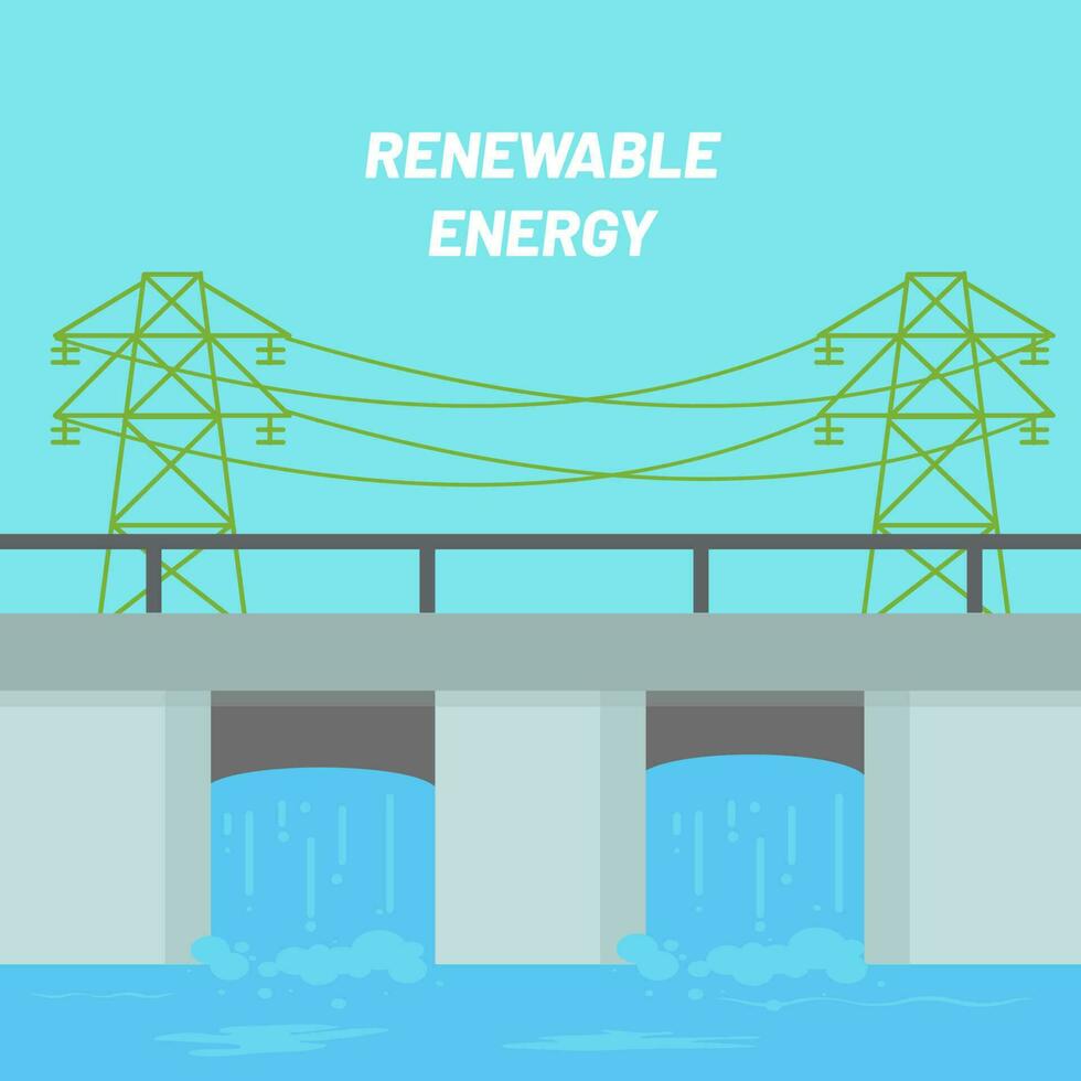 renovable energía póster diseño con transmisión torres terminado puente en cielo azul antecedentes. vector
