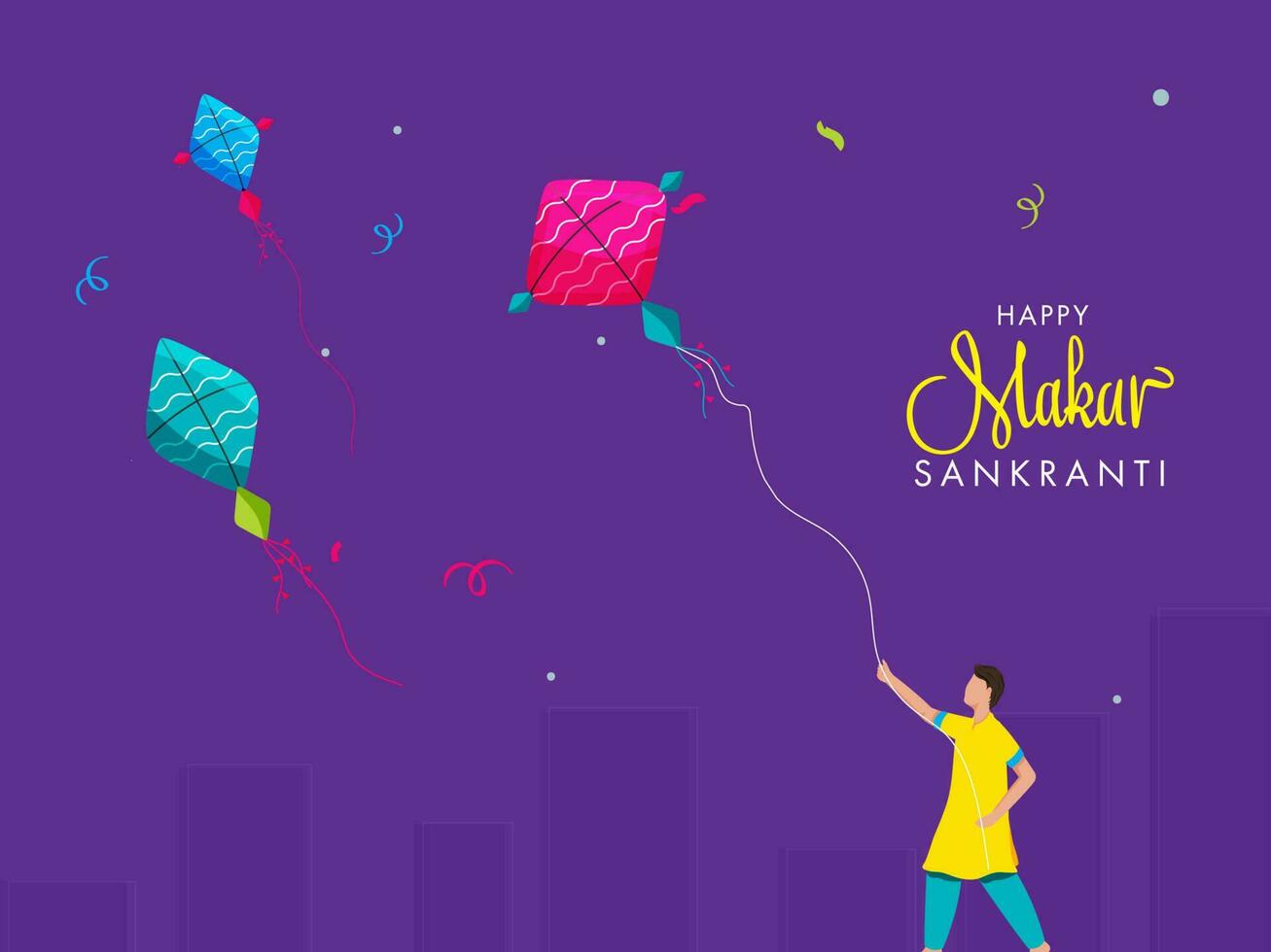 Happy Makar Sankranti Concept With Young Boy Flying Kite On Purple Building Background. vector