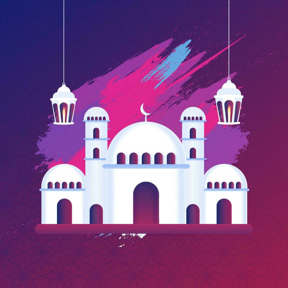 Glossy Mosque Illustration With Hanging Lit Lanterns, Brush Stroke Effect On Blue And Red Islamic Pattern Background. vector